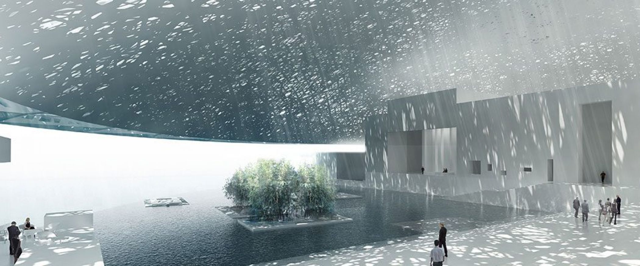 A sweeping aerial view of a modern museum complex, its design inspired by traditional Middle Eastern architecture. The buildings curve and flow like dunes, their surfaces shimmering in the sunlight, creating a landscape that feels both futuristic and timeless.
